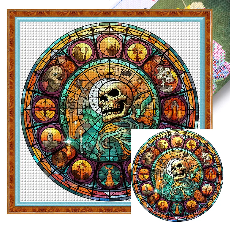 【Huacan Brand】Glass Art - Halloween Skull 11CT Stamped Cross Stitch 40*40CM