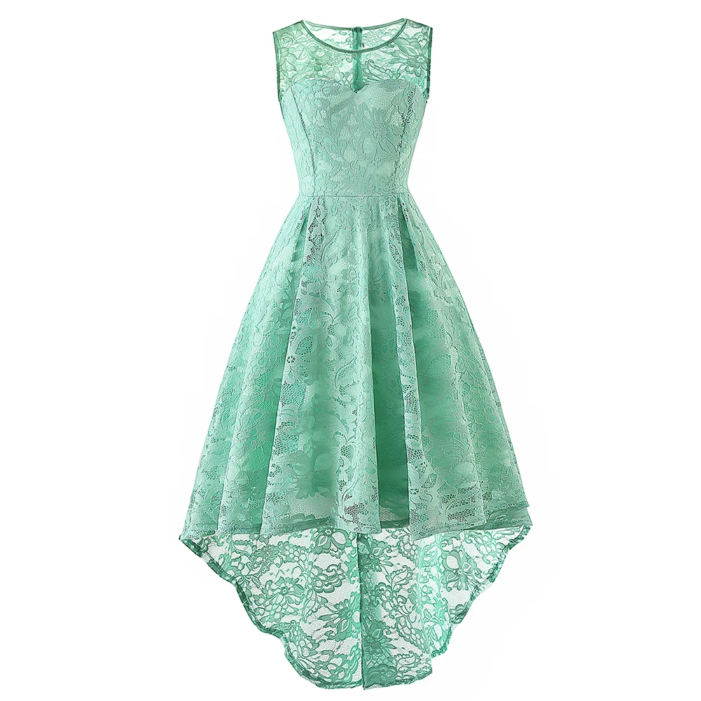Light Green Sleeveless High Low Lace Evening Dress