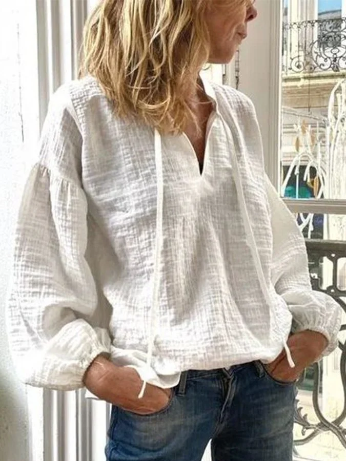 Women's V-Neck Long Sleeve Cotton Top-mysite