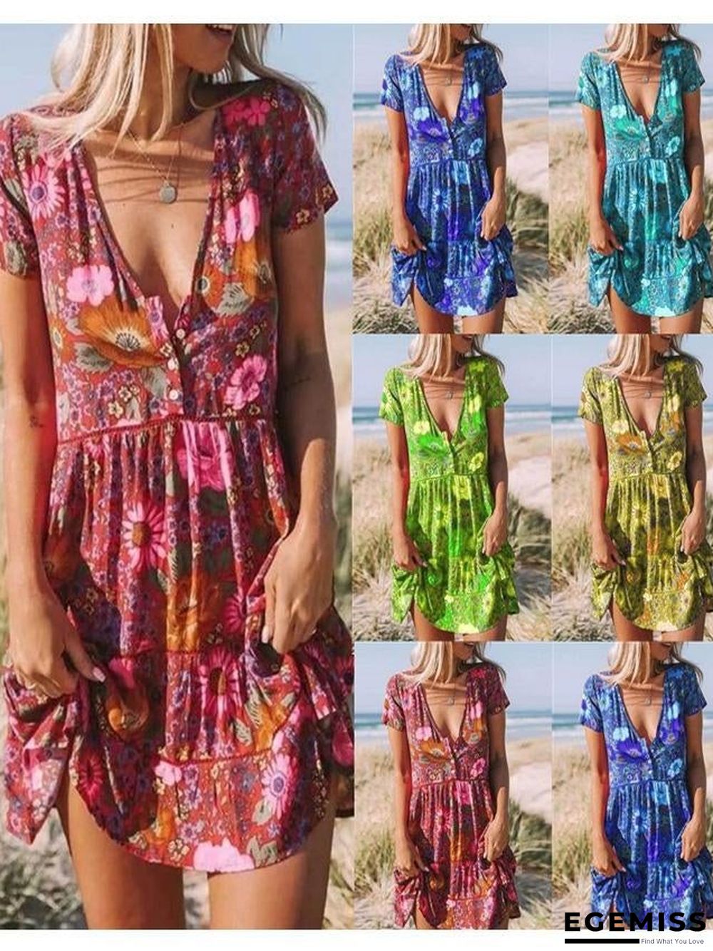 New Women's Printed V-neck Short Sleeve Dress | EGEMISS