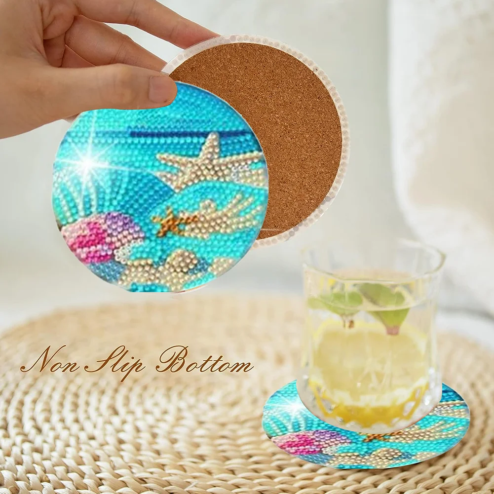 8pcs DIY Moonlit Scene Acrylic Single Sided Diamond Painting Art Coasters Kits with Holder