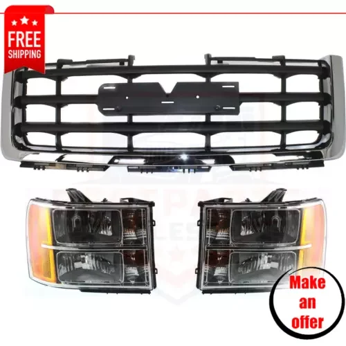 Dronehint Grille, Headlights Kit 3pc halogen left right for 08-13 GMC Sierra 1500 SLE,WT (For: GMC) Parts