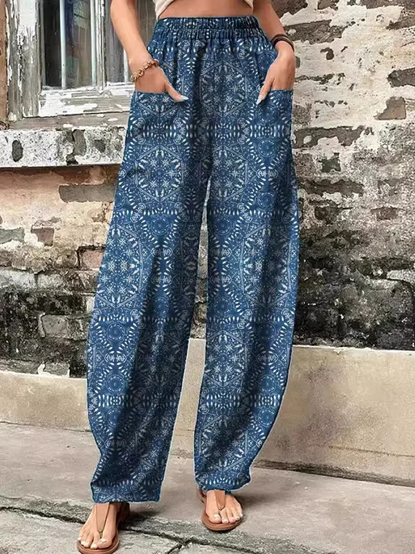 Elasticity Printed Split-Joint High Waisted Loose Trousers Pants