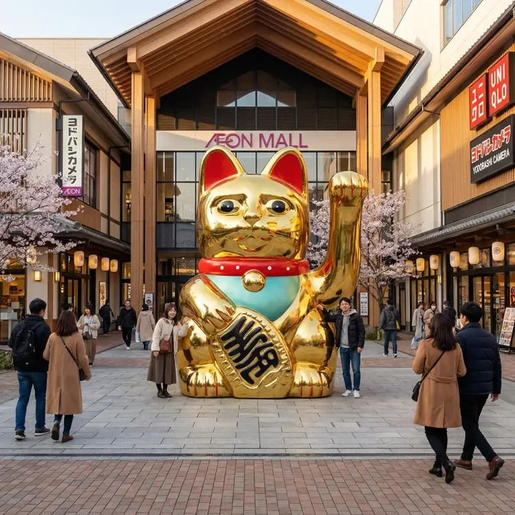 Large Gold Fiberglass Lucky Cat Sculpture
