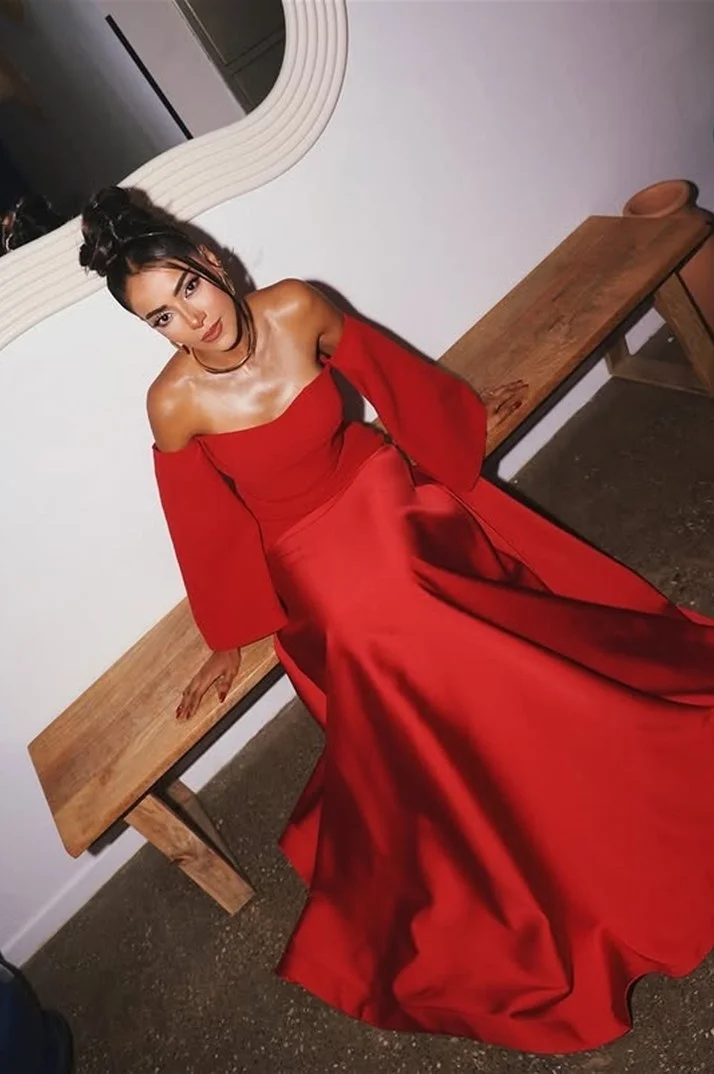 Miabel Chic Red Satin Strapless Long Sleeves Off the Shoulder Prom Dress with Pleated 
