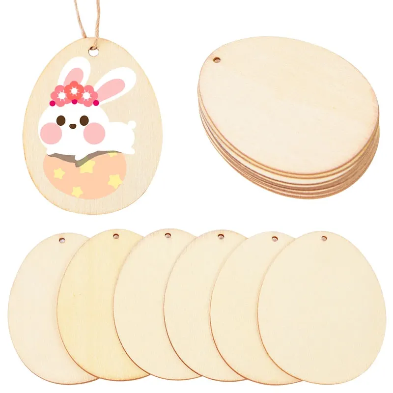 10/25/50pcs Natural Easter Eggs Wood Chips Unfinished Graffiti Drawing Wood DIY Wooden Craft Hanging Ornament Easter Decorations