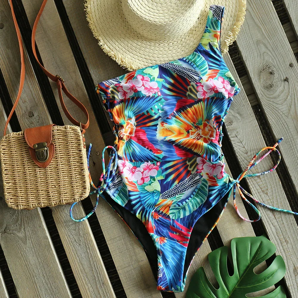Huiketi One Shoulder Swimwear 2024 New Printed One Piece Swimsuit Push Up Bathing Suit Beach wear Monokini S-XL