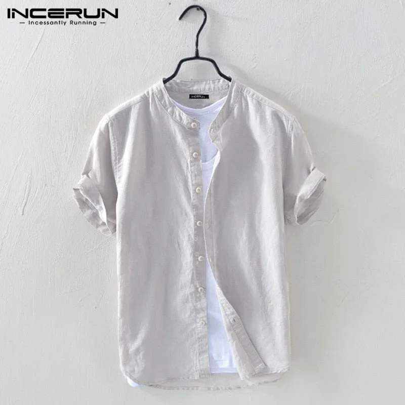 INCERUN Cotton Men Shirt Solid Short Sleeve Casual Vintage Tops Stand Collar 2021 Breathable Brand Shirts Men Clothes Harajuku