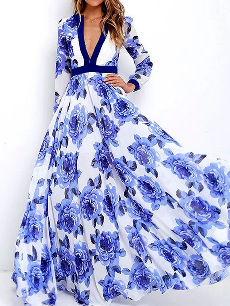 Elegant V-neck Allover Floral Swing Maxi Dress