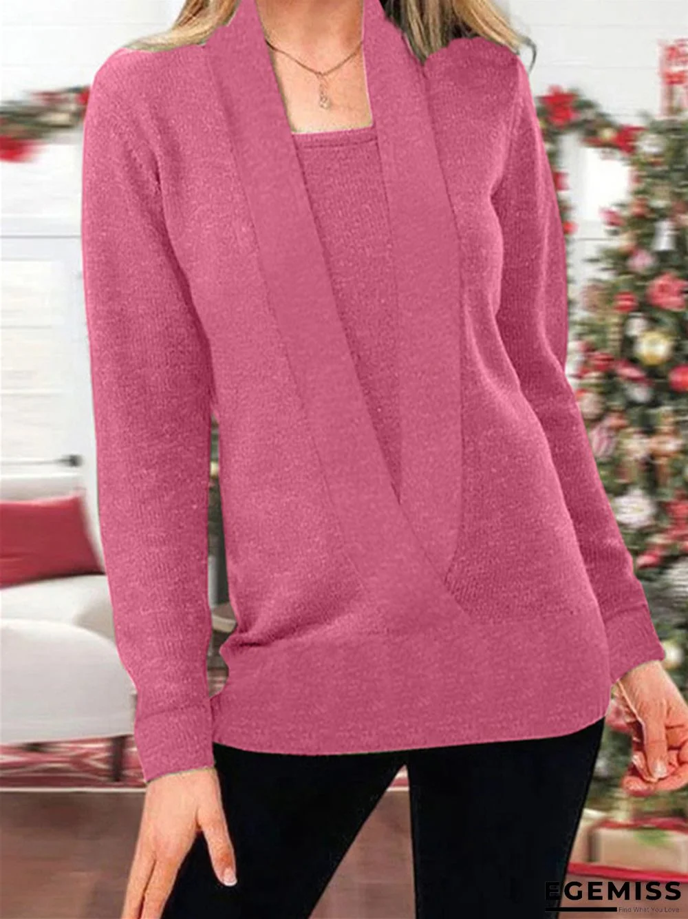 Women's Casual Solid Color V-neck Long-sleeved Knitted Sweater | EGEMISS