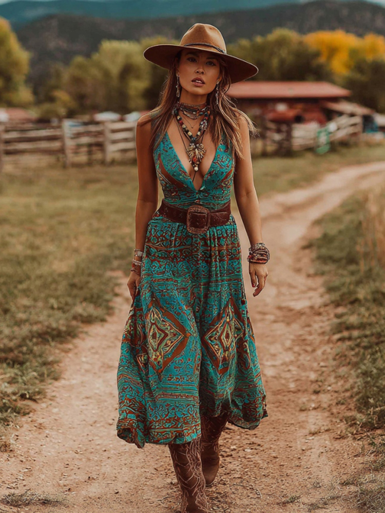 Women's Vintage Western Geometric Print V-neck Tank Midi Dress