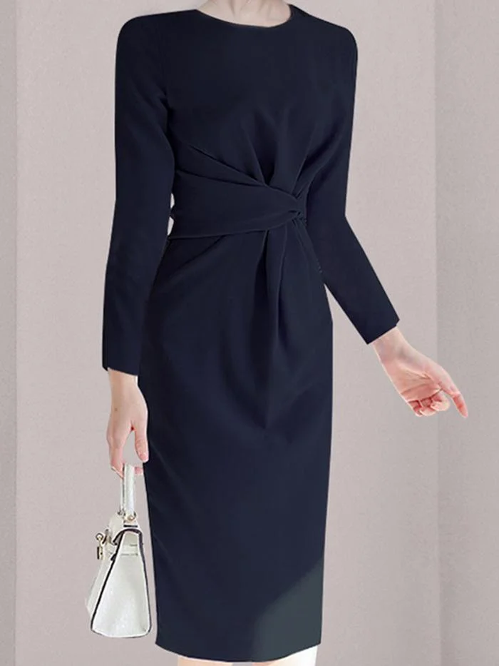 Fashion Long-sleeved Blue Mid-length Dress