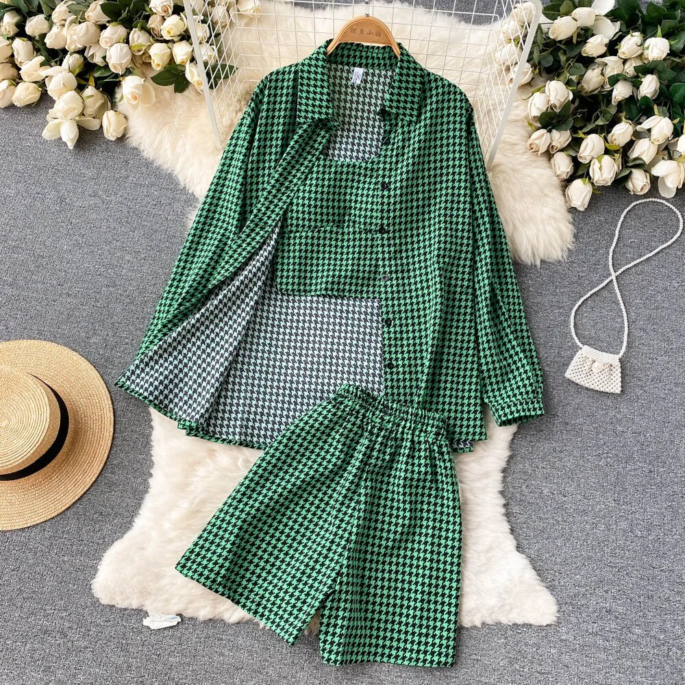 Toloer Women 3 Pieces Set Houndstooth Plain Green/Black/Orange Turn-Down Collar Single Breasted Blouse + Strap Camis + Shorts Suits New