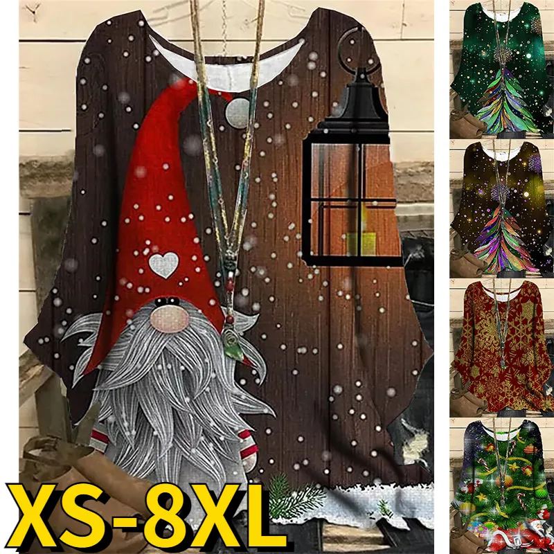 Round Neck Christmas Pullover Printed Elegant Long Sleeve T-shirt