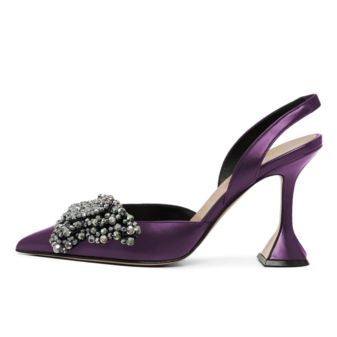Metallic Purple Rhinestone Butterfly Flared Heel Pumps for Women