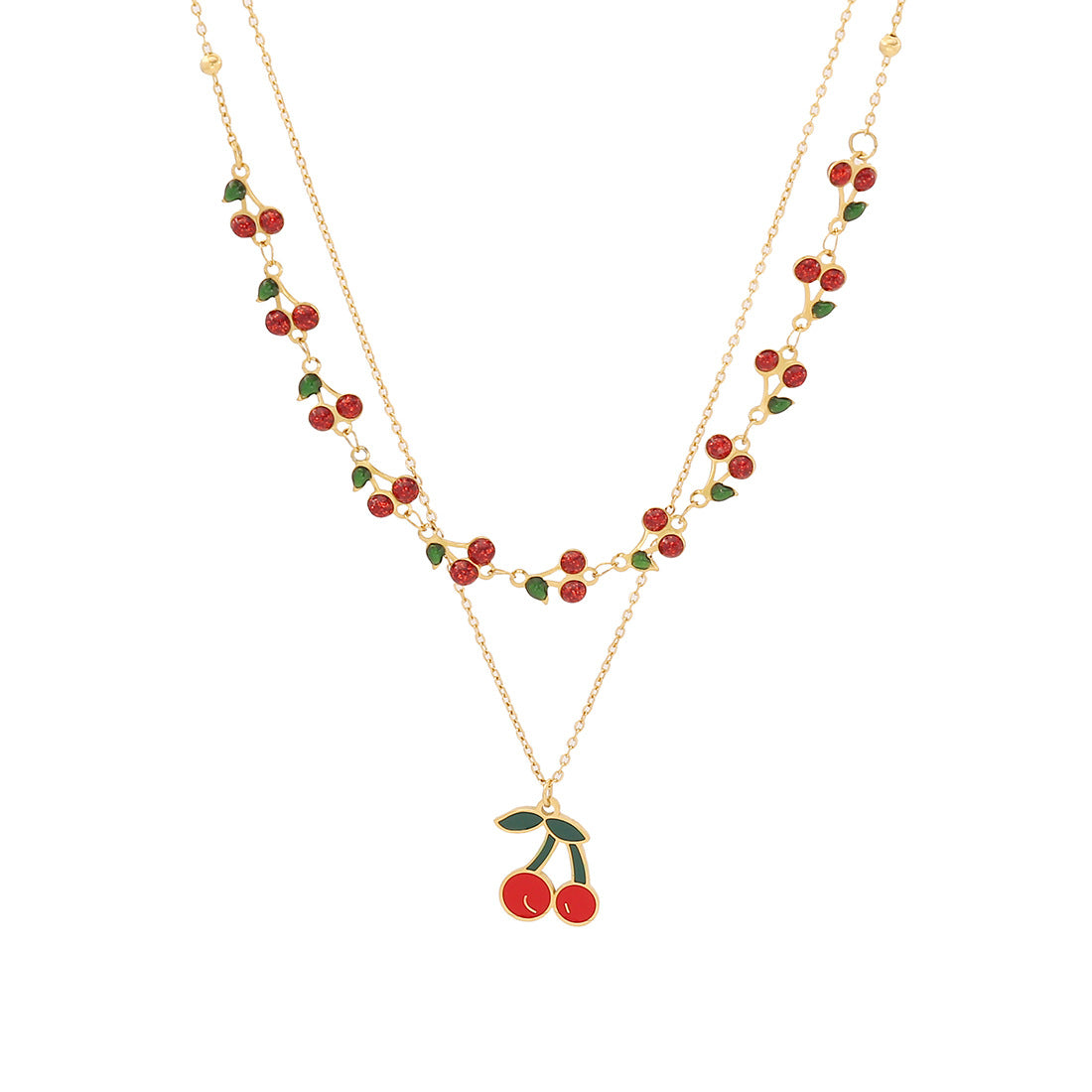 Cute Cherry Pendant Necklace Fashion Stainless Steel Double Chain N1468