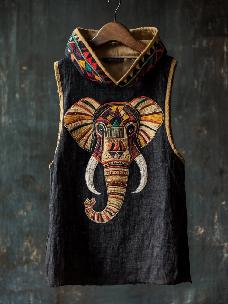 Comstylish African Ethnic Elephant Embroidered Hooded Linen Vest