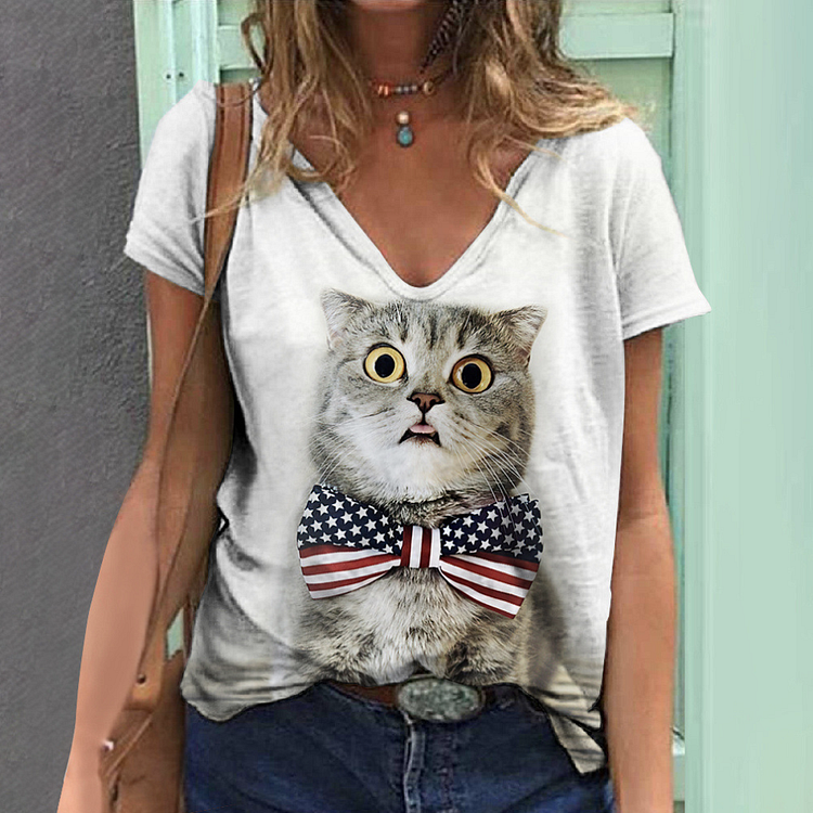 VChics Women's V Neck National Flag Cat Print Casual Loose T-Shirt