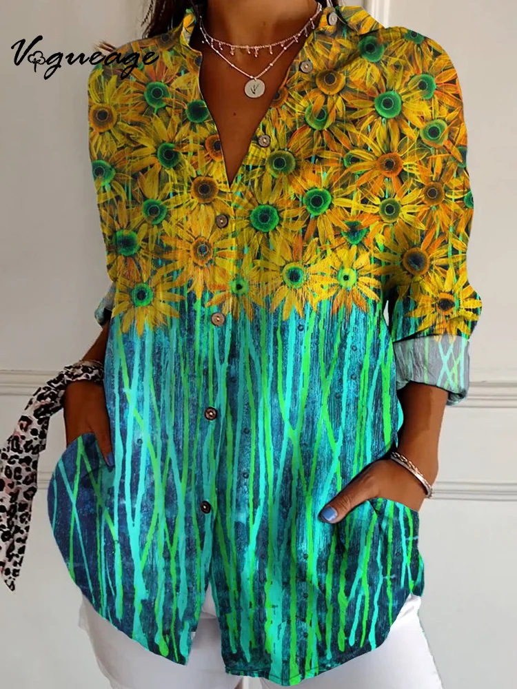Abstract Watercolor Flowers Long Sleeves Printed Cotton And Linen Shirt