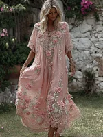 Women's Vintage Boho Floral Art Flowy Linen Blend Casual Short Sleeve Maxi Dress