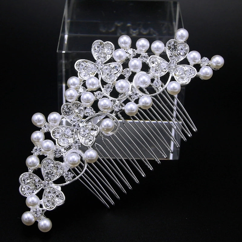 Bridal Crown Flower Alloy Plating Hollow Out Inlay Rhinestones Pearl Insert Comb 1 Piece
