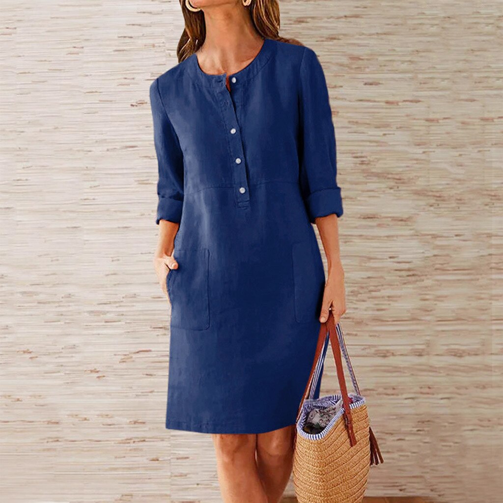 Fashion Women Summer Round Neck Solid Long Sleeve Pocket Dress