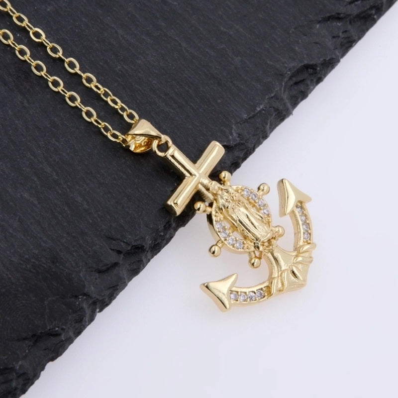 Copper 18K Gold Plated Marine Style Inlay Anchor Zircon Pendant Necklace