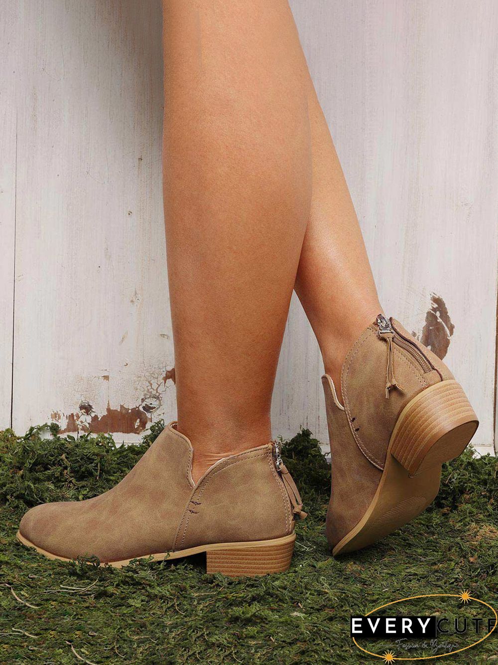 Pu Chunky Heel Zipper Pumps