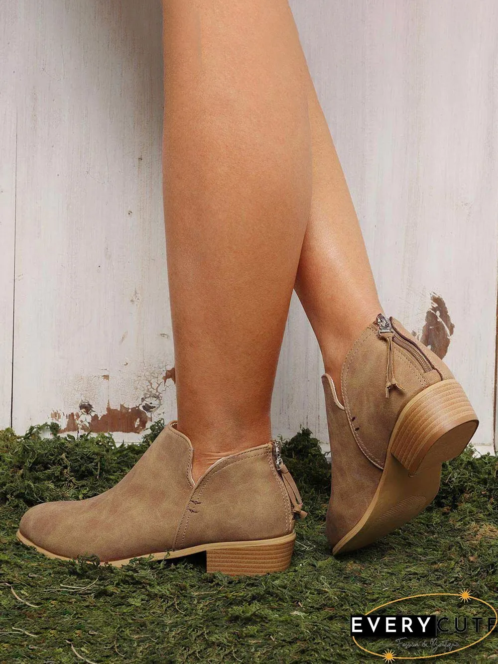Pu Chunky Heel Zipper Pumps