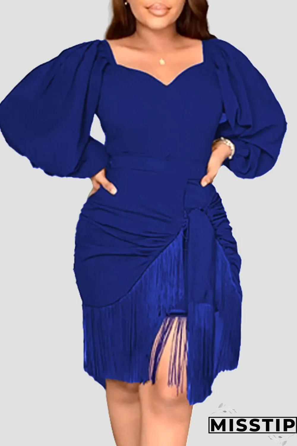 Green Casual Solid Tassel Patchwork Asymmetrical V Neck Straight Dresses