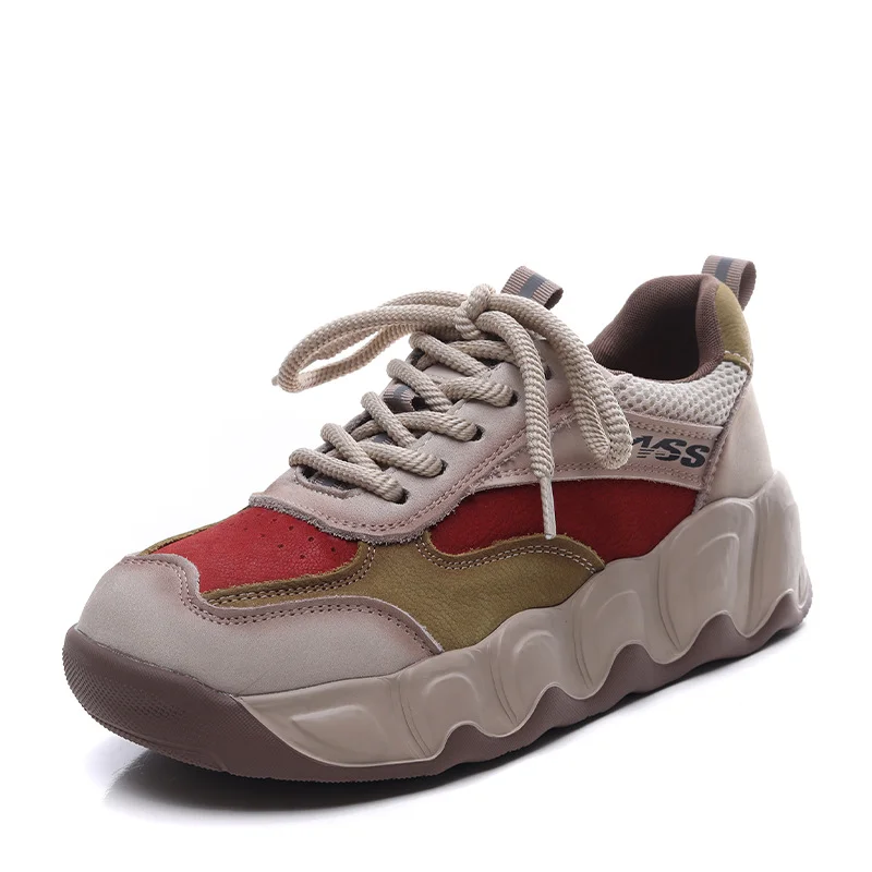 Yyvonne Layer Cow Skin 2025 Autumn New High Soft-Soled Soft-Sided Casual Sports Women's Shoes Old Dad Shoes Round Head