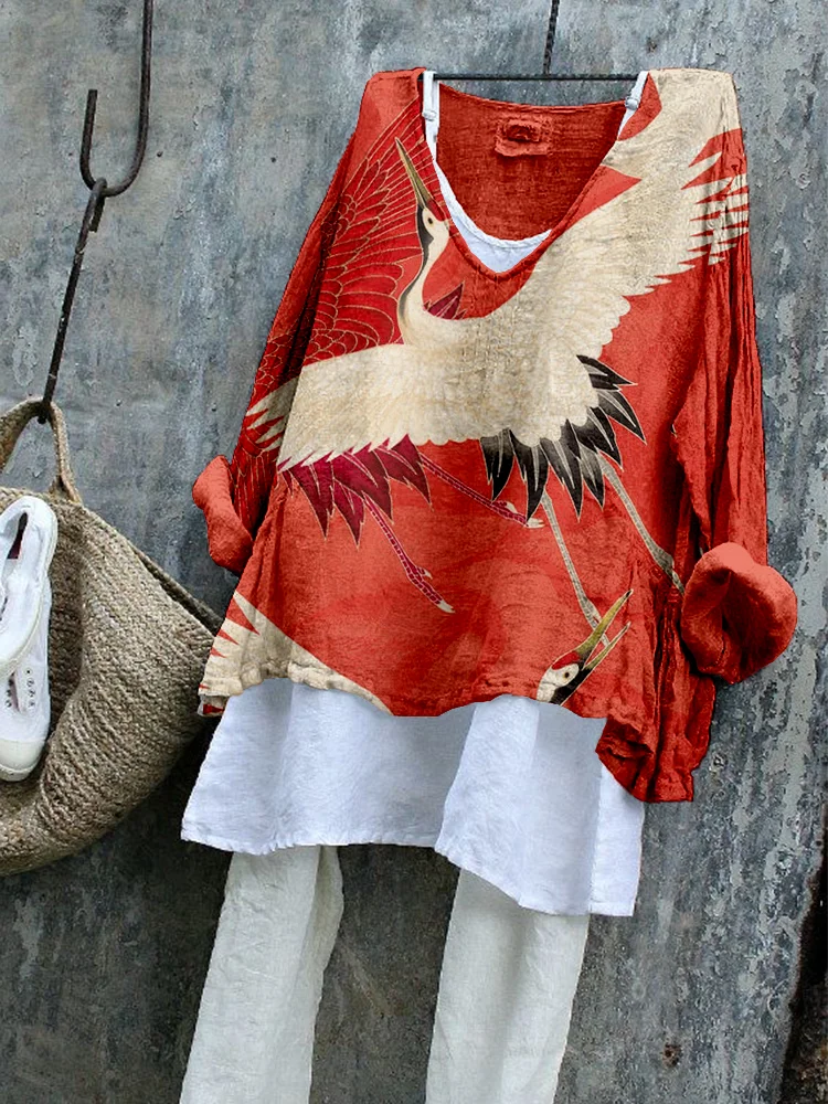 Comstylish Flying Cranes Japanese Art Linen Blend Cozy Tunic