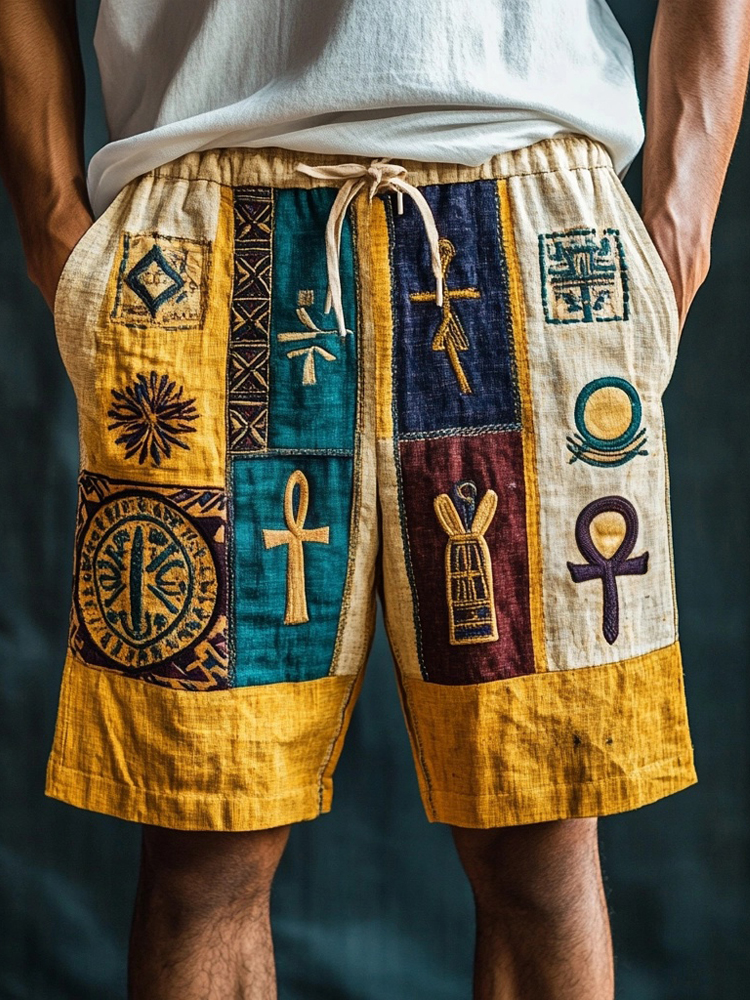 Ancient Egyptian Ankh Cross Embroidered Linen Shorts