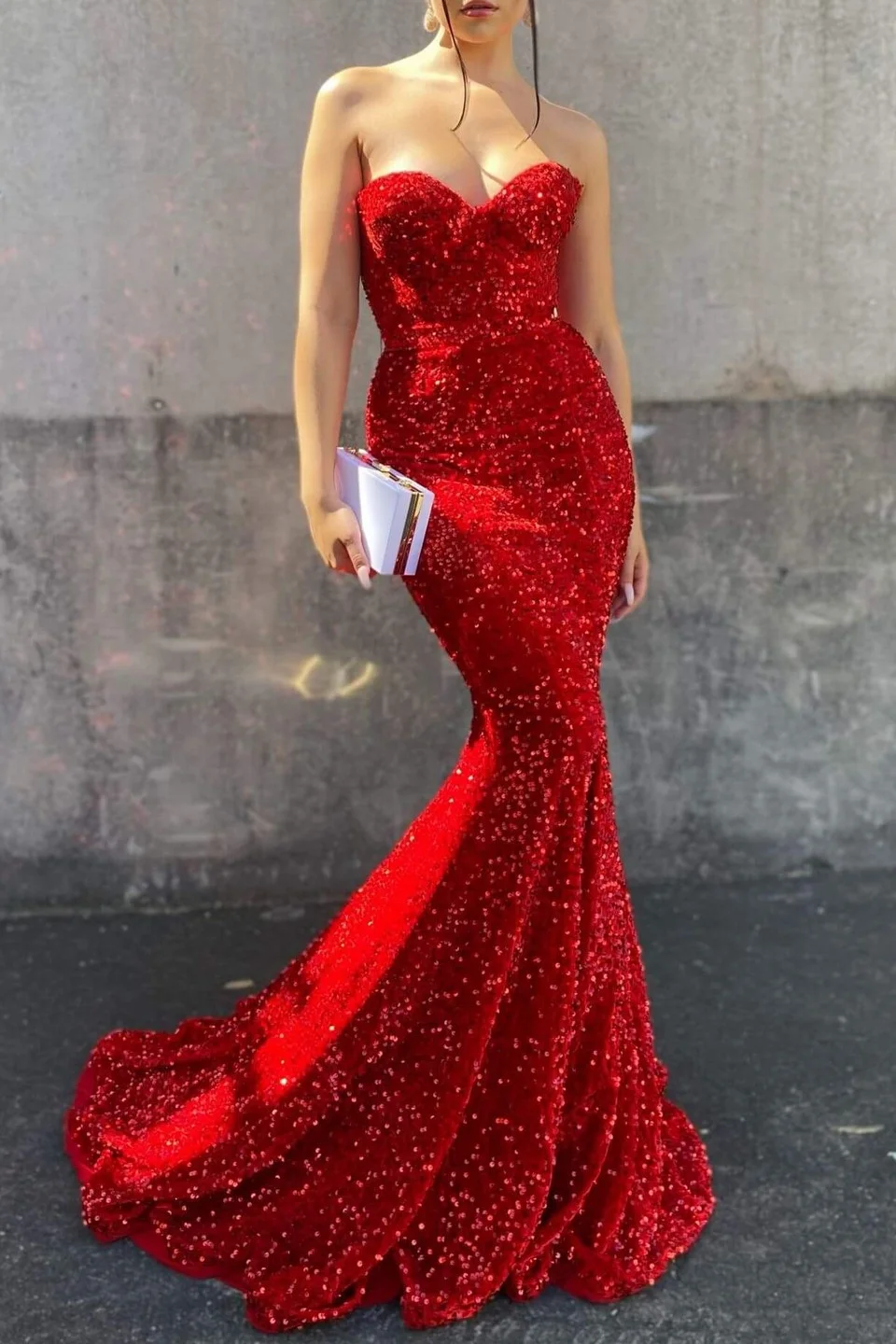 Daisda Red Sweetheart Mermaid Prom Dress With Sequins 