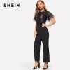 SHEIN Black Layered Flutter Sleeve Lace Bodice Tailored Skinny Jumpsuit Highstreet Women Summer Elegant High Waist Jumpsuits