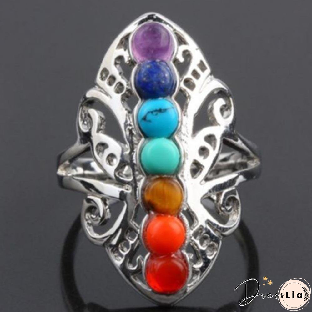 Silver Plated 7 Chakra Healing Hollow Thumb Reiki Natural Stones Adjustable Ring