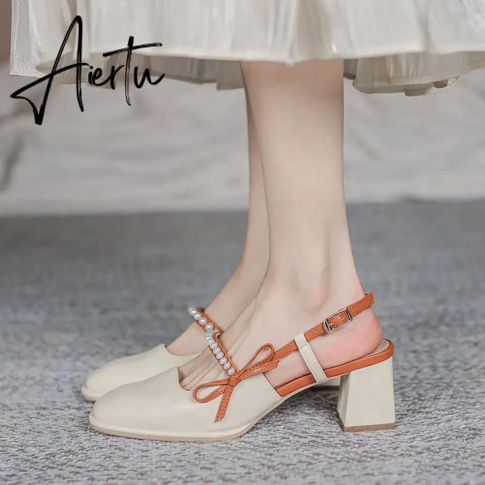 Aiertu Summer Chic High Heel Sexy Ladies Sandals Side Knot Faux Pearl Fashion Women Pumps Open Back Heel Female Shoes Aiertu