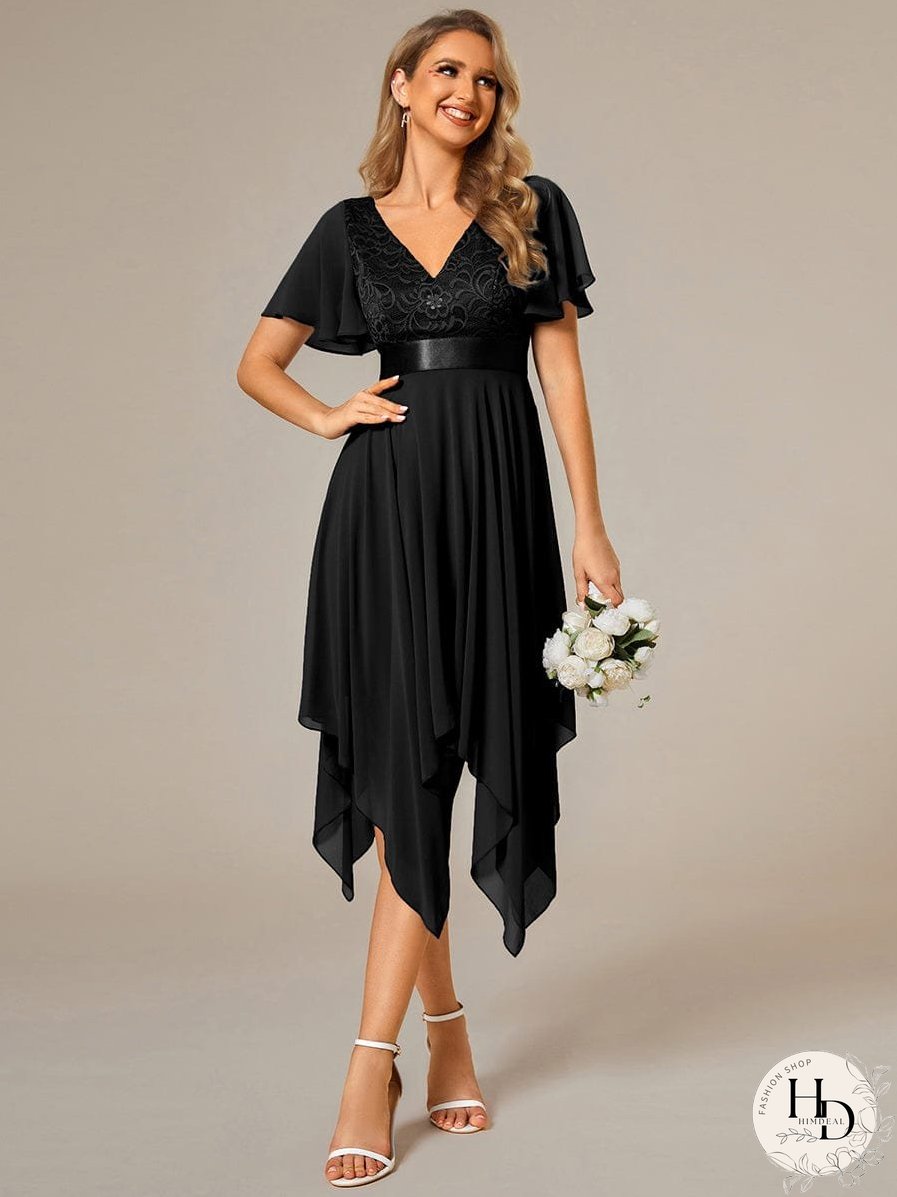 V-Neck Asymmetrical Dress with Short Sleeves