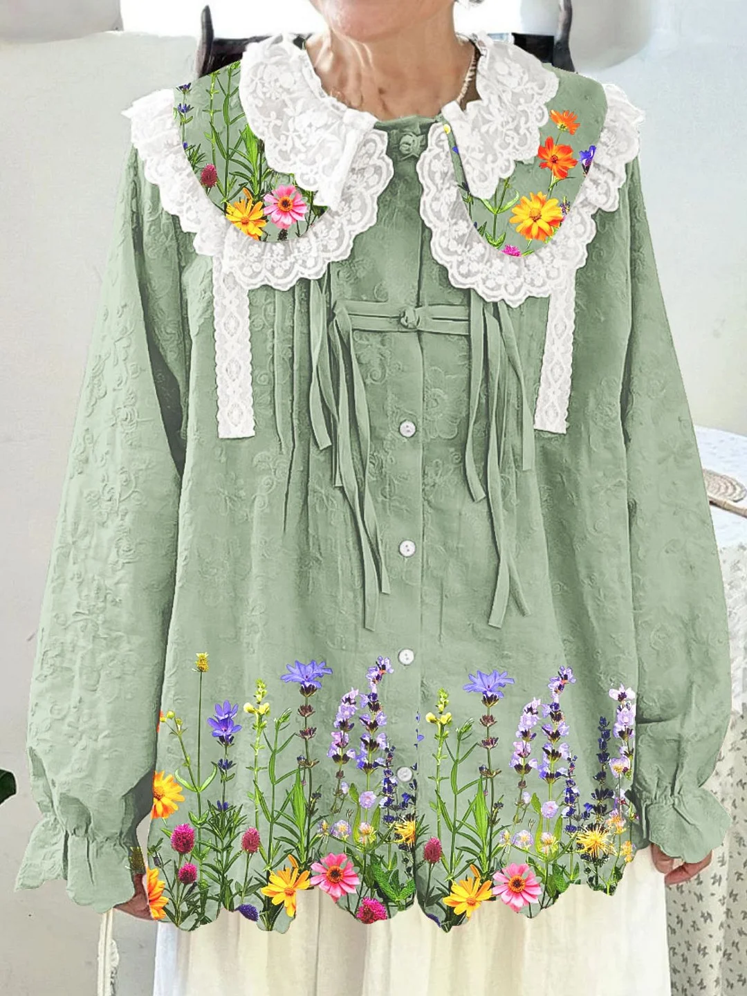 Women Printed Long Sleeve Round-neck  Cute Collar Shirts Blouses Green