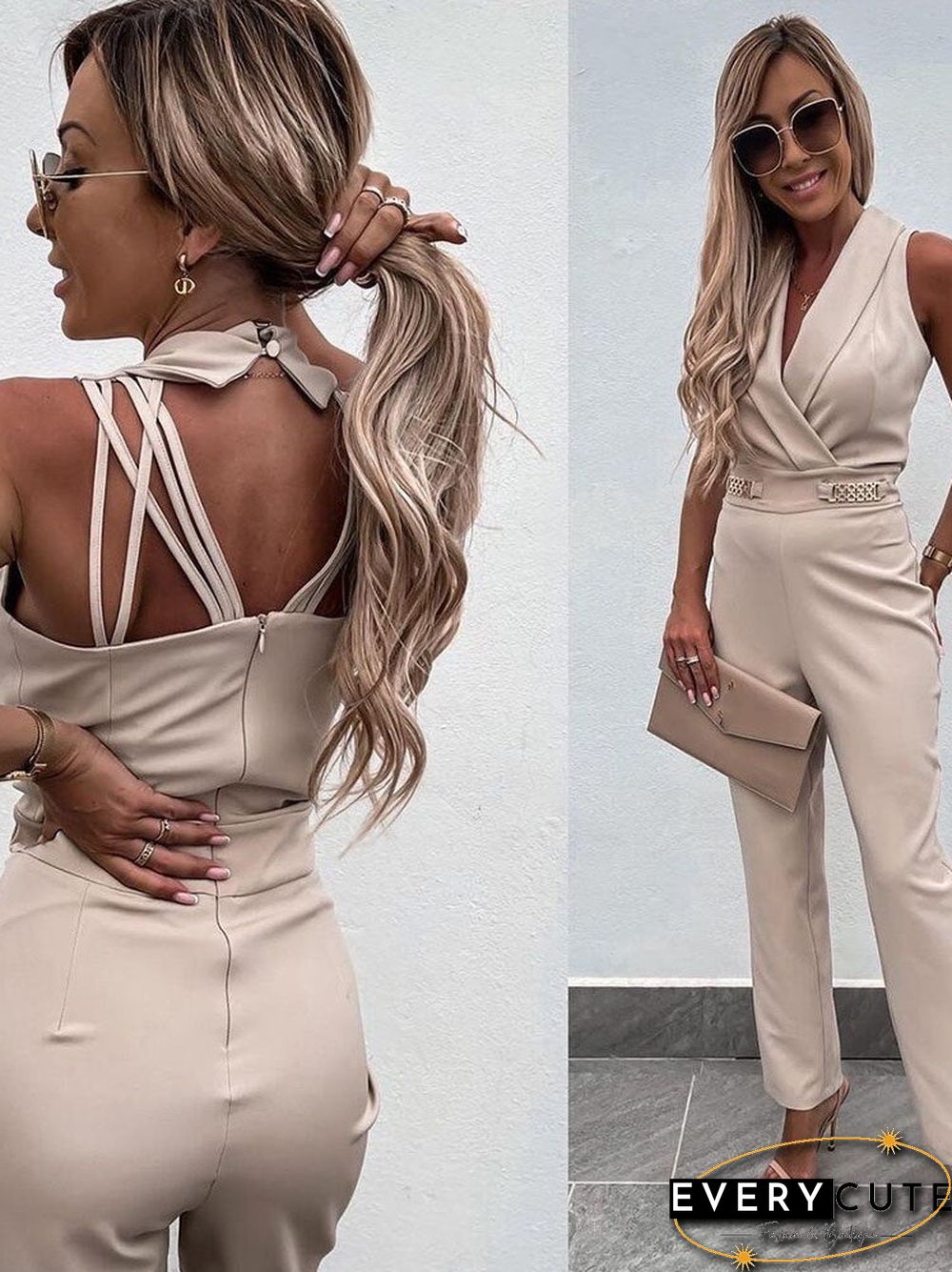 Sexy Slim Design Waist Chain Office Ladies Rompers Elegant Solid V Neck Women Jumpsuit Fashion Sleeveless Commute Playsuits