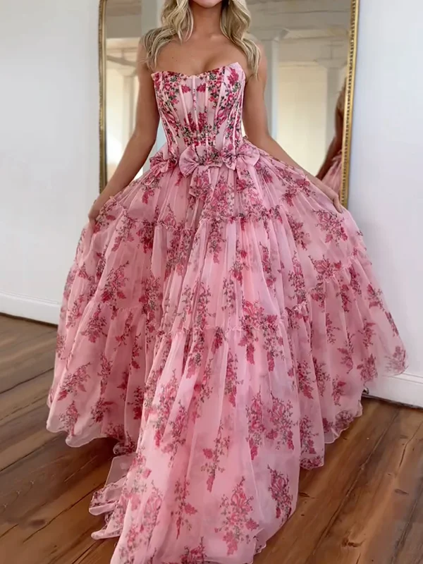 Flower Printed Sleeveless Tube Ruffled Evening Gauze Maxi Dresses