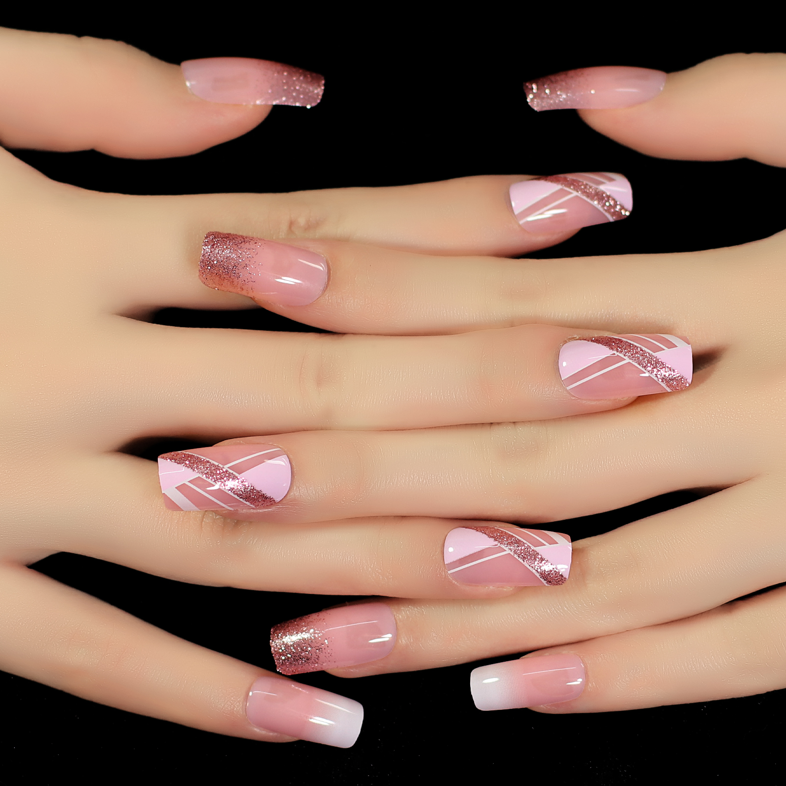 Collectvip Simple Summer Nails – Medium Square Glitter Press On Fake Nails with Pink Line Design  