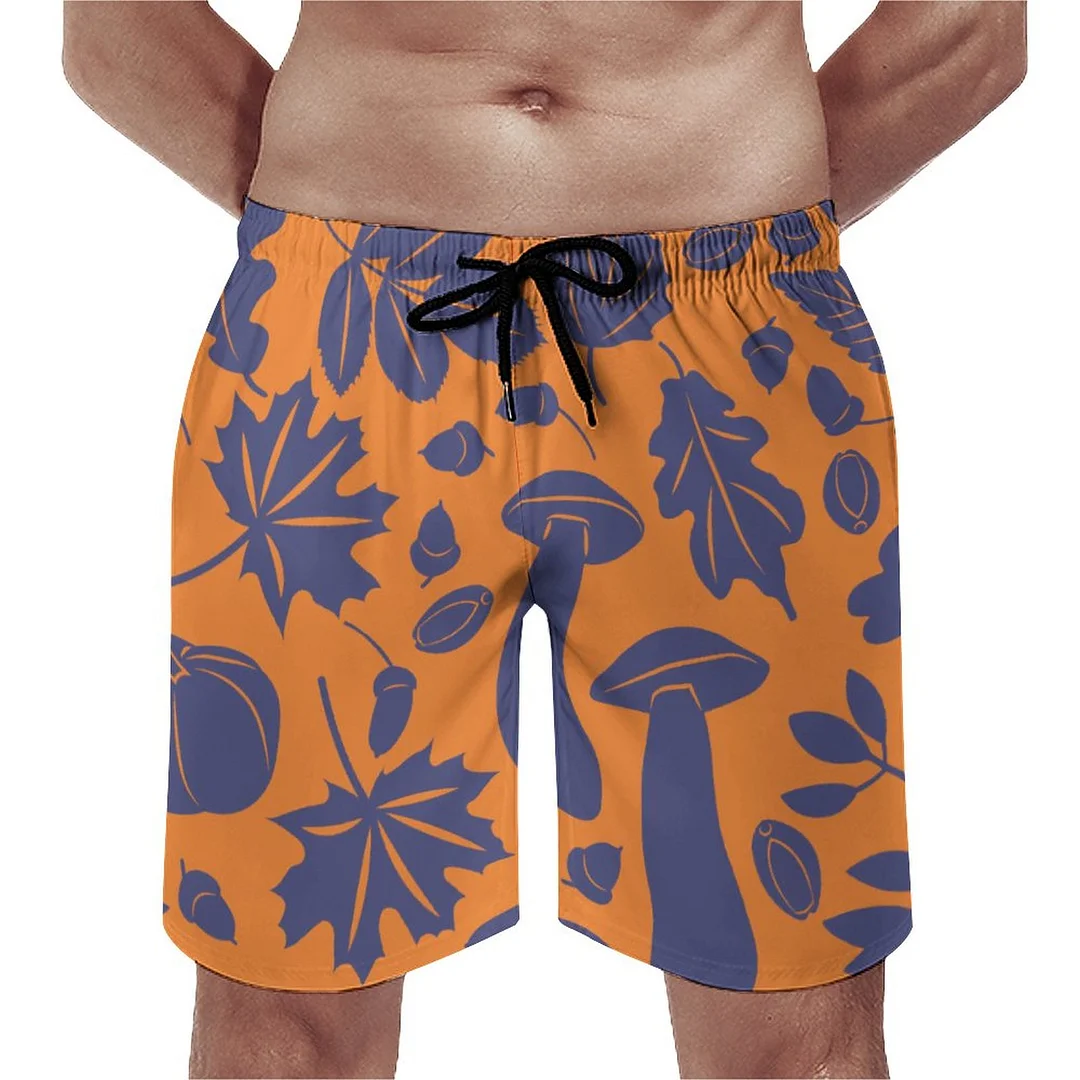 Thanksgiving Halloween Autumn Fall Leaves Pumpkins Polka Dots Men's Swim Trunks Summer Board Shorts Quick Dry Beach Short with Pockets