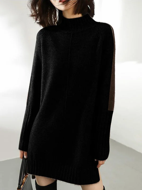 Loose Long Sleeves Contrast Color Half Turtleneck Sweater Dresses
