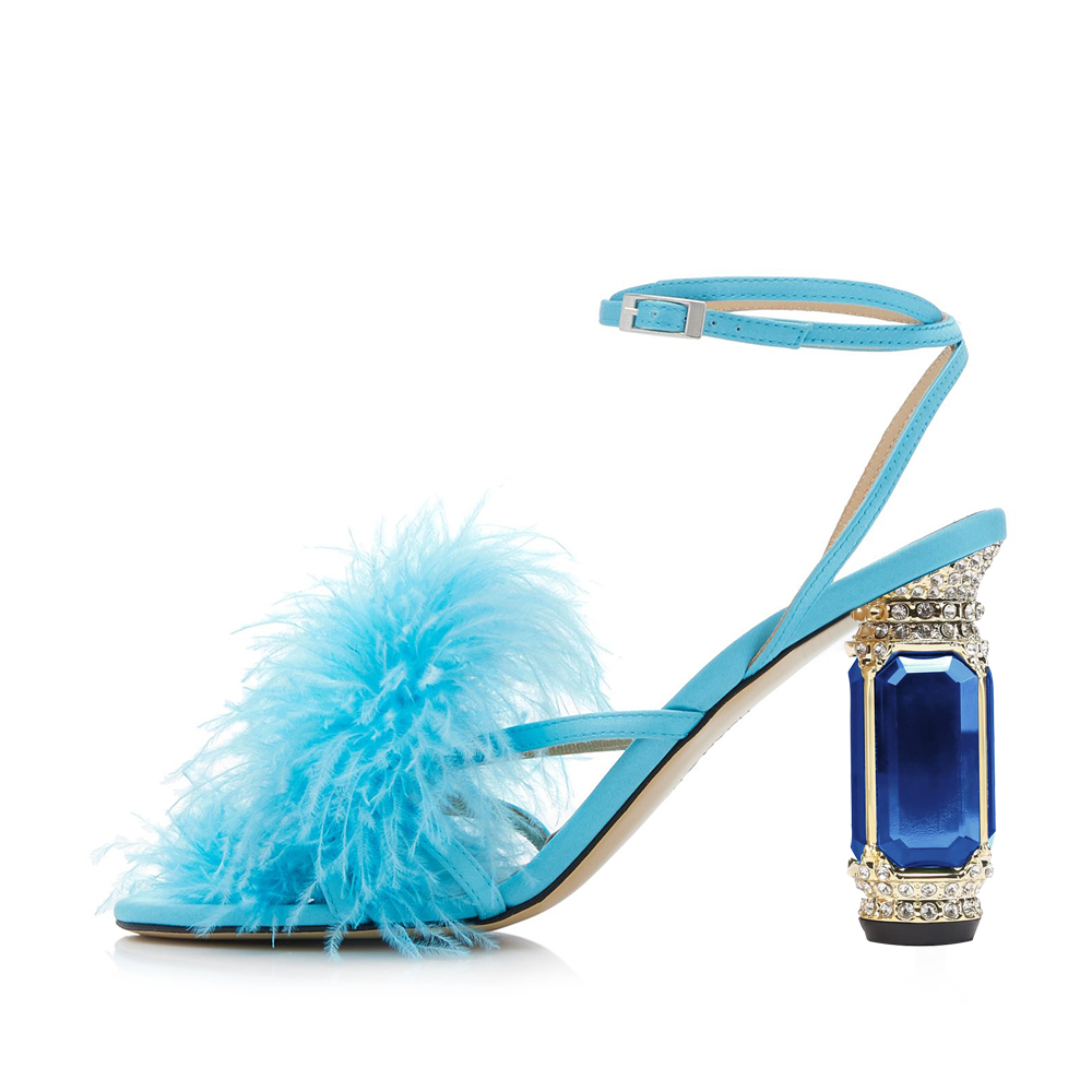 Blue Feather Open Toe 4'' Decorative Heel Ankle Strapp Sandals Nicepairs
