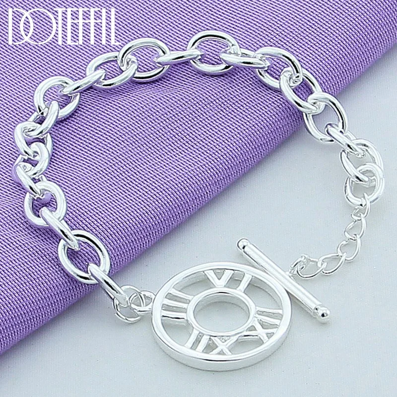 DOTEFFIL 925 Sterling Silver Round Roman Numerals Pendant Bracelet For Woman Jewelry