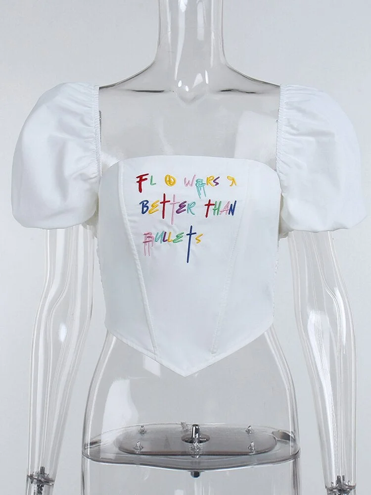 WannaThis Puff Sleeve Crop Tops Women Y2K Square Collar Vintage Embroidery Corset Sexy White Fashion Casual Chic Female Top 2021