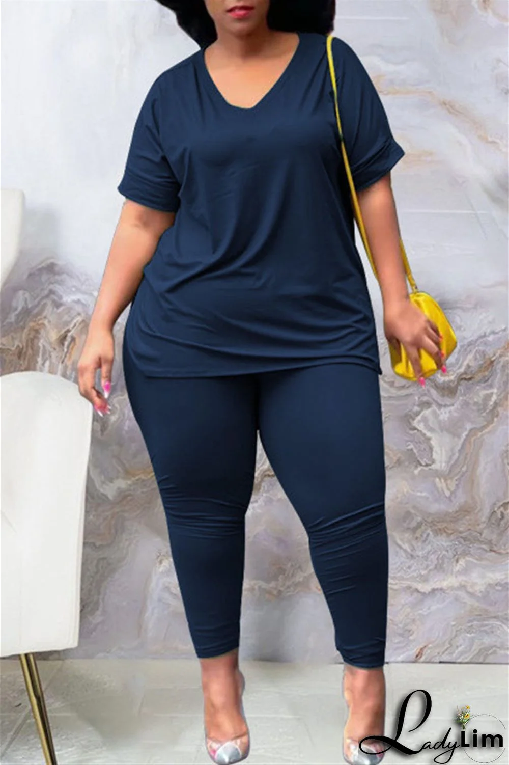 Tibetan Blue Fashion Casual Solid Slit V Neck Plus Size Two Pieces