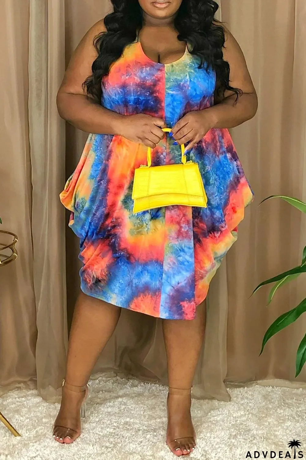 Pink Fashion Sexy Plus Size Print Tie Dye Asymmetrical O Neck Vest Dress