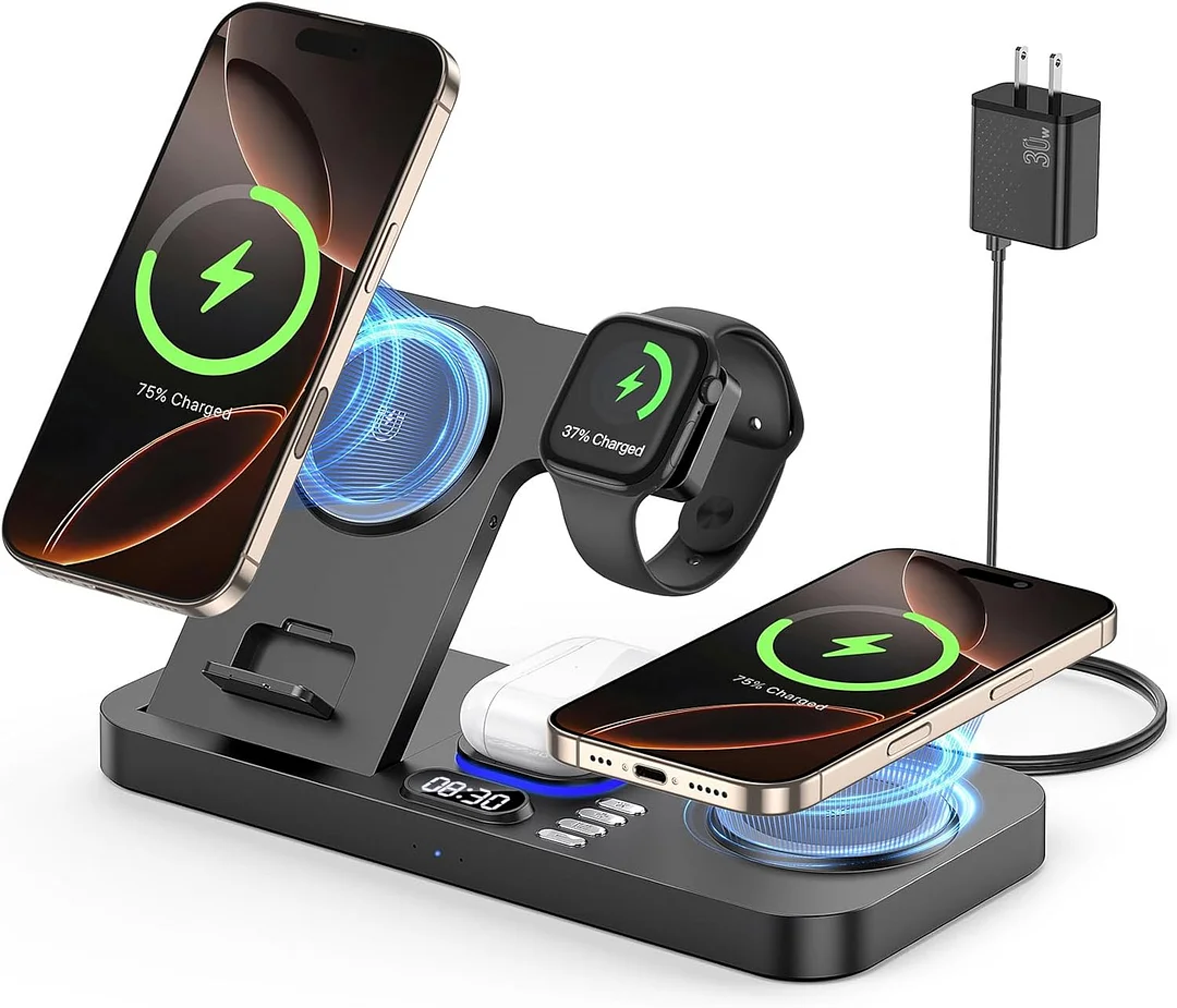 6 in 1 wireless charger, wireless charger with clock and 7 colors night light